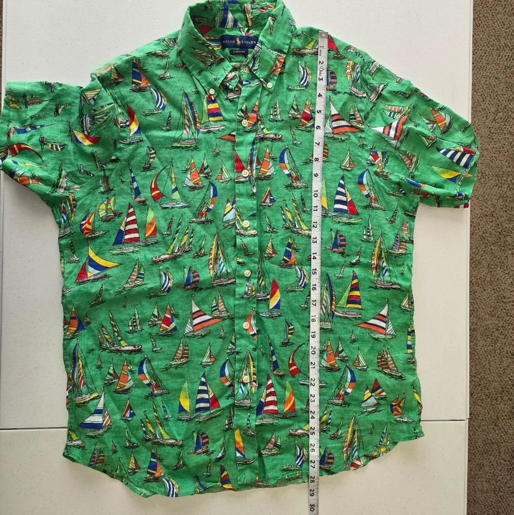 Polo Ralph Lauren 100% Linen Shirt Sailboat Regatta Men's Large Short‎ Sleeve